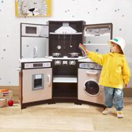 taohfe brown corner play kitchen for kids with lights, sounds, and washing machine - toddler kitchen set featuring chalkboard, wooden design and range hood - perfect boys' gift for ages 3 and up logo