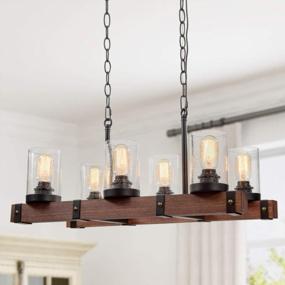 img 2 attached to Rustic Farmhouse 6-Light Rectangle Wood Chandelier W/ Seeded Glass Shade - Perfect For Dining Rooms & Kitchen Islands!