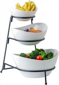 img 4 attached to 3-Tier Ceramic Serving Bowl Set With Sturdy Metal Rack For Appetizers, Desserts, And More - Oval Fruit Display Stand With Collapsible Design For Easy Storage