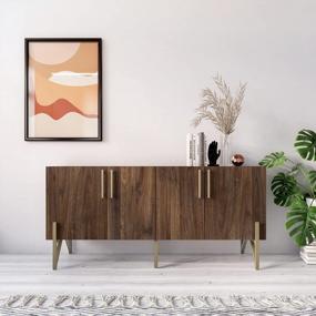 img 4 attached to Walnut 65" Wood TV Stand With Gold Legs, 2 Door Mid Century Modern Credenza Media Console For Living Room, Japandi Sideboard Buffet Cabinet Entertainment Center With Storage