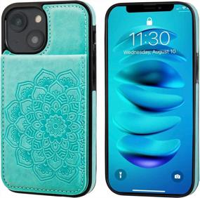 img 2 attached to IPhone 14 Wallet Case With Credit Card Holder And Kickstand - Premium PU Leather Flip Cover Featuring Green Embossed Mandala Floral Pattern - Shockproof And Magnetic Closure - 6.1" Protective Case