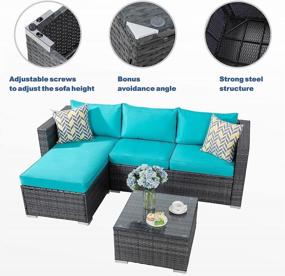 img 3 attached to JAMFLY Outdoor Furniture Patio Sets, Low Back All-Weather Small Rattan Sectional Sofa With Tea Table&Washable Couch Cushions Upgrade Wicker Silver Gray Rattan 3-Piece (Turquoise)