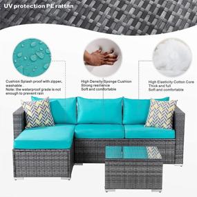 img 2 attached to JAMFLY Outdoor Furniture Patio Sets, Low Back All-Weather Small Rattan Sectional Sofa With Tea Table&Washable Couch Cushions Upgrade Wicker Silver Gray Rattan 3-Piece (Turquoise)