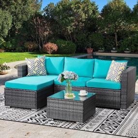 img 4 attached to JAMFLY Outdoor Furniture Patio Sets, Low Back All-Weather Small Rattan Sectional Sofa With Tea Table&Washable Couch Cushions Upgrade Wicker Silver Gray Rattan 3-Piece (Turquoise)
