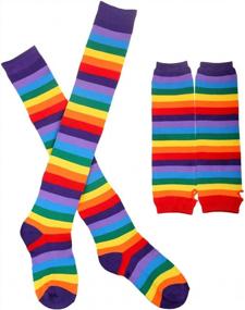 img 3 attached to Womens Rainbow Socks Striped Knee High Socks Arm Warmer Fingerless Gloves Set
