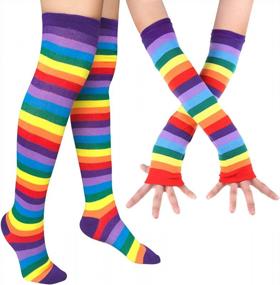 img 4 attached to Womens Rainbow Socks Striped Knee High Socks Arm Warmer Fingerless Gloves Set
