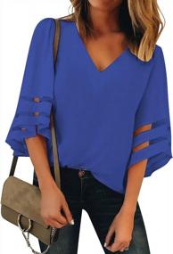 img 4 attached to LookbookStore Women'S V Neck Mesh Panel Blouse: Stylish 3/4 Bell Sleeve Loose Top Shirt