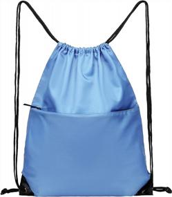 img 4 attached to Большой водостойкий рюкзак на шнурке с застежкой-молнией — идеальный спортивный рюкзак для мужчин и женщин нежно-голубого цвета — бренд BuyAgain