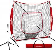 portable 7×7ft baseball and softball practice net for hitting, pitching, and batting training with backstop, batting tee, strike zone, bow frame, and carry bag - ideal for perfecting your game logo