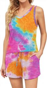 img 4 attached to DEARCASE Women'S Waffle Knit Sleeveless Top And Shorts Tie Dye Nightwear Lounge Pajama Set With Pockets