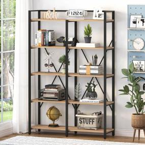 img 4 attached to Stylish And Functional Industrial Bookshelf For Any Room - BON AUGURE 5 Tier Rustic Wood And Metal Shelving Unit In Vintage Oak (43 Inches Wide)