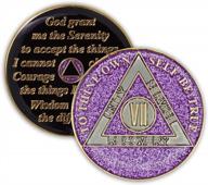 purple glitter triplate aa chip: celebrating 7 years of sobriety, recovery anniversary token logo