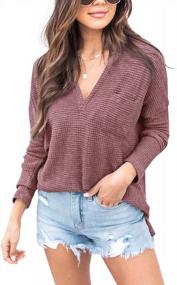 img 3 attached to Womens Mulberry Waffle Knit Oversized V Neck Sweater: Long Sleeve Off The Shoulder Top By PINKMSTYLE - Size Medium