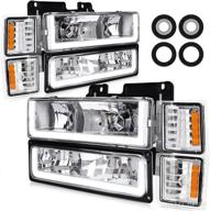 polly wales headlights assembly compatible with 1994-1998 chevy silverado/tahoe/suburban/c10 - chrome housing clear lens amber reflector (with ultra bright led drl) logo