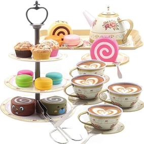 img 4 attached to Princess Tea Party Set For Toddlers: 39 Piece Tin Tea Set With Teapot, Cups, And Plastic Cakes, 3 Tier Cake Stand Included - Perfect Pretend Play Gift For Girls Ages 3-4