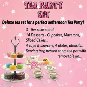 img 2 attached to Princess Tea Party Set For Toddlers: 39 Piece Tin Tea Set With Teapot, Cups, And Plastic Cakes, 3 Tier Cake Stand Included - Perfect Pretend Play Gift For Girls Ages 3-4