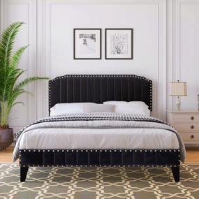 img 4 attached to Queen Size Upholstered Platform Bed Frame With Headboard - Modern Black Velvet, Wood Slat Support & No Box Spring Needed - Easy Assembly