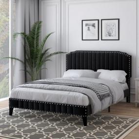 img 2 attached to Queen Size Upholstered Platform Bed Frame With Headboard - Modern Black Velvet, Wood Slat Support & No Box Spring Needed - Easy Assembly