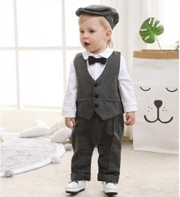 img 2 attached to Infant Boys Tuxedo Jumpsuit, Long Sleeve Gentleman Vest Coat & Beret Hat Outfit Set - 3Pcs WESIDOM