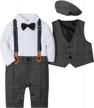 infant boys tuxedo jumpsuit, long sleeve gentleman vest coat & beret hat outfit set - 3pcs wesidom logo