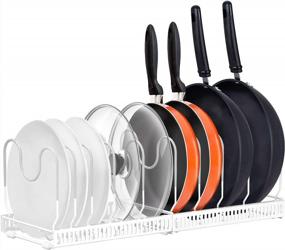 img 4 attached to Expandable Pot And Pan Organizer Rack For Kitchen Cabinets - Holds 10+ Pans And Pots With Adjustable Compartments And Lid Holder - White Bakeware Organizer Rack
