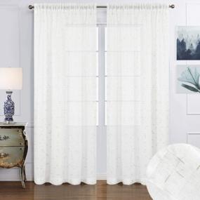 img 4 attached to Stylish White Sheer Curtains 84 Inches Long With Silver Lines Design For Living Room And Bedroom Decor, Linen Texture Rod Pocket Voile Drapes, 52 By 84 Inch, Set Of 2 Panels In White/Silver Color