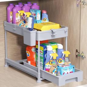 img 4 attached to Under Sink Organizer 2 Tier Sliding Cabinet Basket With Hooks For Bathroom Kitchen Storage Shelf - SPACEKEEPER Gray