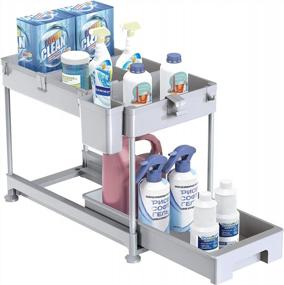 img 3 attached to Under Sink Organizer 2 Tier Sliding Cabinet Basket With Hooks For Bathroom Kitchen Storage Shelf - SPACEKEEPER Gray