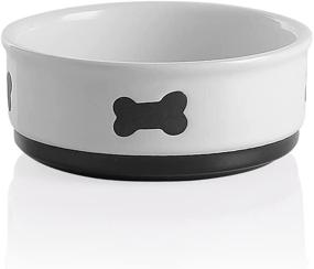 img 4 attached to 35Oz White Ceramic Dog Bowl With Bone Pattern - Perfect For Medium Dogs' Food And Water!