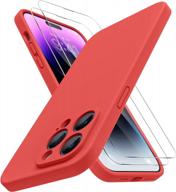 iphone 14 pro max case with 2 pack screen protectors, upgraded enhanced camera protection shockproof liquid silicone cover with microfiber lining for 6.7 inch - miracase (coral red) logo