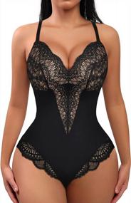 img 4 attached to Women'S Lace Bodysuit Tummy Control Shapewear V Neck Backless Tank Top One Piece Fajas Thong Body Shaper