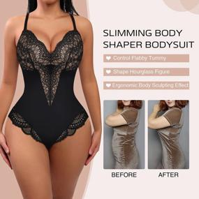 img 1 attached to Women'S Lace Bodysuit Tummy Control Shapewear V Neck Backless Tank Top One Piece Fajas Thong Body Shaper