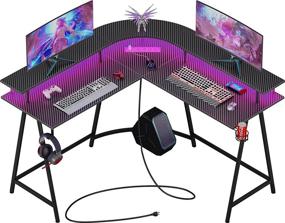 img 4 attached to SUPERJARE L Shaped Gaming Desk With Power Outlets & LED Lights, Carbon Fiber Surface, Computer Desk With Monitor Stand, Home Office Desk Corner Desk With Cup Holder & Hooks, Black