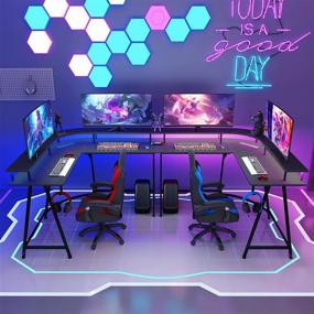 img 3 attached to SUPERJARE L Shaped Gaming Desk With Power Outlets & LED Lights, Carbon Fiber Surface, Computer Desk With Monitor Stand, Home Office Desk Corner Desk With Cup Holder & Hooks, Black