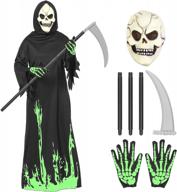 kids halloween grim reaper costume with glow in the dark scythe, skull mask and glove logo