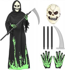 img 4 attached to Детский костюм мрачного жнеца на Хэллоуин со светящейся в темноте косой, маской черепа и перчаткой