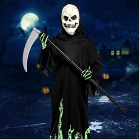 img 1 attached to Kids Halloween Grim Reaper Costume With Glow In The Dark Scythe, Skull Mask And Glove