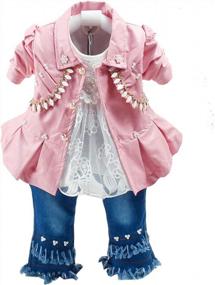 img 4 attached to Комплект из трех предметов для маленьких девочек: кожаная толстовка с капюшоном, кружевная футболка и джинсовые джинсы (от 6 месяцев до 4 лет)