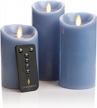 3-pack of luminara realistic moving flame led battery operated pillar candles - remote included - faded denim colors, 3" x 4", 3" x 5", and 3"x 6 logo