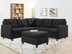 img 1 attached to Темно-серый трансформируемый секционный диван L-образный 5-местный модульный диван из льняной ткани для гостиной, квартиры, пуфик