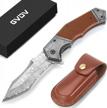 gvdv damascus pocket knife with g10 handle, folding knife with sheath for camping hunting survival, gifts for men dad husband (brown) logo