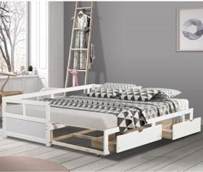 img 4 attached to White Twin To King Daybed With Trundle, 2 Storage Drawers & Wood Roll Out Bed Frame - Windaze Extendable Sofa Bed For Teens & Adults.
