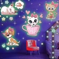 🐱 glow in the dark cat stickers with dog and fish - wall decals for kids bedding room - great birthday gift - glowing cat for girls and boys логотип