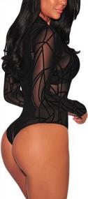 img 2 attached to Women'S V-Neck Lace Mesh Sheer Jumpsuit Bodysuit By FIYOTE