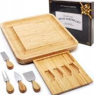 large bamboo cheese board charcuterie platter with stainless steel knife set - perfect for birthday, bridal shower, housewarming & wedding gifts logo