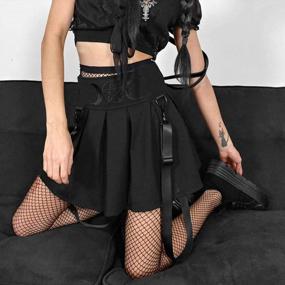 img 2 attached to Arjungo женские темные мини-юбки с высокой талией в стиле панк и крестом, черная плиссированная юбка на подтяжках
