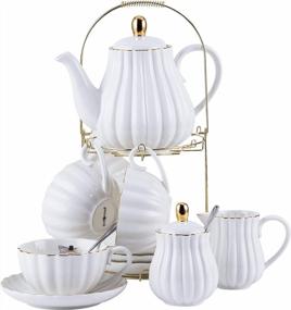 img 4 attached to 17-Piece Jusalpha Porcelain Tea Set - 8 OZ White Coffee Cup/Teacup, Saucer, Spoons, Teapot & Creamer (FD-TW17PC SET)