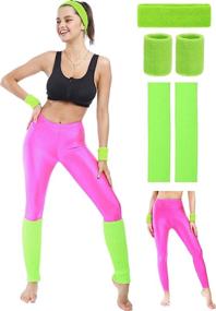 img 4 attached to Retro Sports Headband, Leg Warmers, Jogging Wristbands, and Neon Leggings - 80s Neon Leggings Party