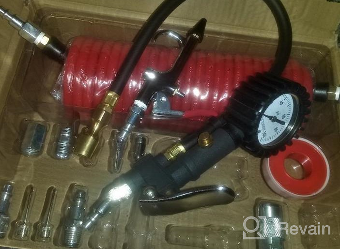 img 1 attached to Complete Air Compressor Kit: 25Ft Polyurethane Recoil Hose, Heavy Duty Tire Inflator, Quick Connects, Blow Gun, Swivel Plug - By Hromee review by Telly Roden