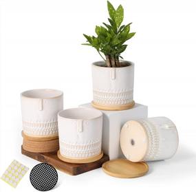 img 4 attached to 4 Inch Ceramic Plant Pot With Bamboo Saucer, Head Design Planters Pots For Succulent, Indoor Flowers, Snake Plants, Cactus, Herbs - Drainage Hole & Mesh Pad - Set Of 4 (No Plants) - White